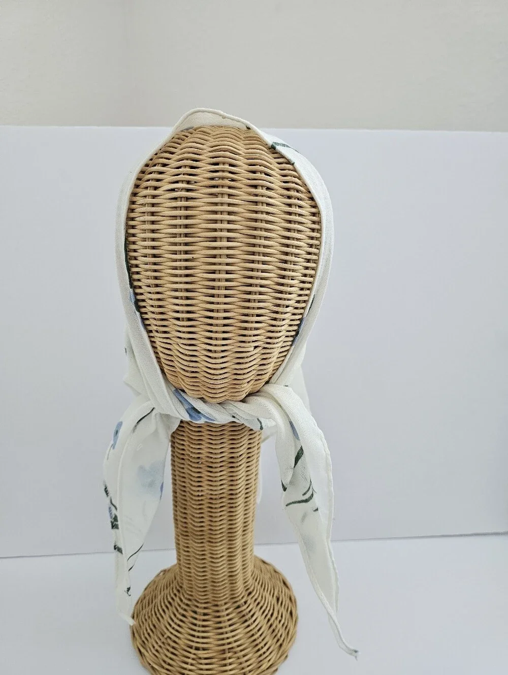Vintage Cottagecore Blue Floral Head Scarf – Cream Sheer Gauze Hair Kerchief​